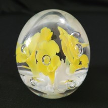 Joe Rice Yellow Floral Glass Egg Shaped Paperweight Controlled Bubbles 2008 - $39.59