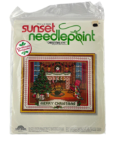 Sunset Needlepoint Christmas Eve Fireplace Tree Gifts Cat 1978 Rienstra ... - $38.59