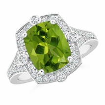 ANGARA Art Deco Inspired Cushion Peridot Ring with Diamond Halo - £1,855.06 GBP