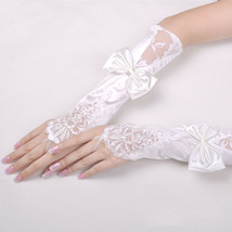 Satin Lace Fingerless Wedding Party Opera Evening Bow Gloves Bridal 2 Colors - £7.22 GBP