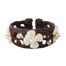 Tropical Flower Seashell and Pearl on Cotton Rope Cuff Bracelet - £12.44 GBP