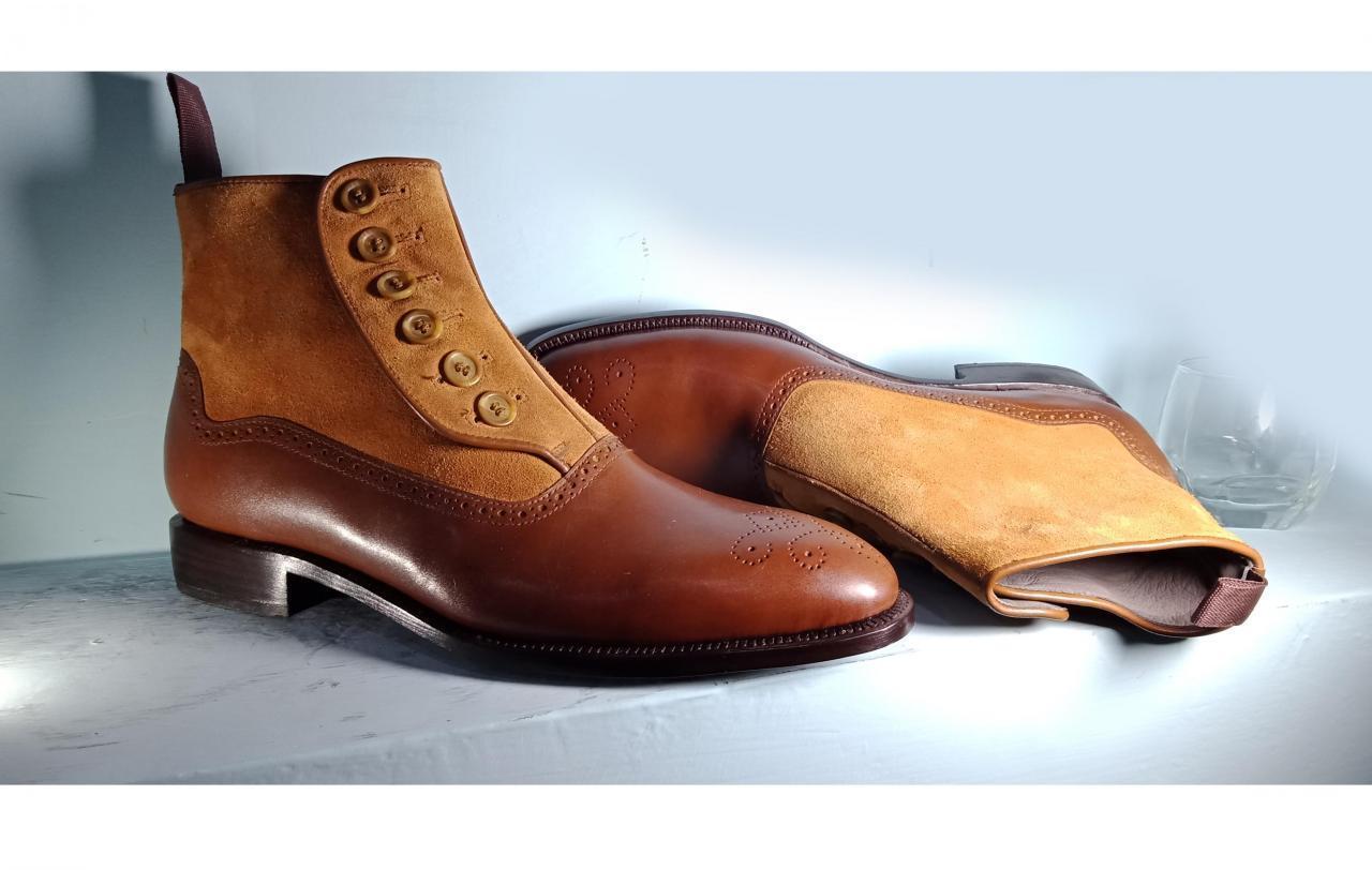 Two Tone Tan Brown High Ankle Medallion Toe Suede Leather Button Boots US 7-16