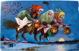Easter Witch Postcard Glad Pask 3 Witches Tea Pots Brooms Moon Jenny Nystrom - £45.21 GBP