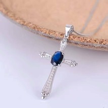 2Ct Simulate Sapphire CROSS Pendant 14K White Gold Plated Silver 18&#39;&#39; Free Chain - £93.47 GBP