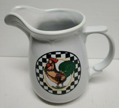 Vintage Porcelain Rooster Water Pitcher W/Blk &amp; Wht Checkered Trim - £16.91 GBP