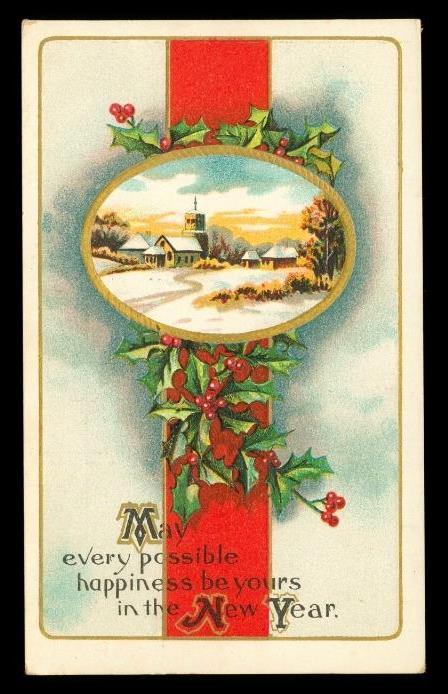 Vintage Holiday Postcard Holly Berries 1911 NJ Cancel Happy New Year - $10.88