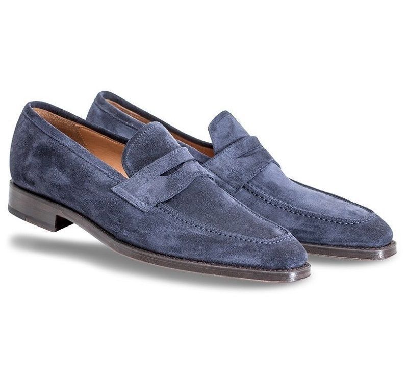 New Handmade Men's Navy Penny Front Classy Loafers Suede Leather Shoes