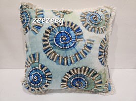 Coastal Collection Beach Blue Beaded Seashell Pillow Gorgeous! 12&quot; x 12&quot; NEW - £34.03 GBP