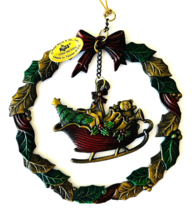 Wreath Christmas Ornament w/ Santa Sleigh Colored Metal 3.25&quot; Russ Berri... - $10.69