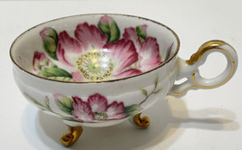 VTG Ucagco Ceramic Hand Painted Floral Tea Cup 3 Footed Gold Trim 2&quot; Tall Japan - £10.86 GBP
