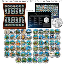 Complete COLORIZED America the Beautiful Parks Quarter 56-Coin Cherry Wood Box - £141.97 GBP