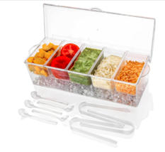 Hinged Lid Ice Chilled Condiment Server Caddy 5 Removable Dishes 2 cups each - £15.76 GBP