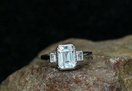 2.00Ct Emerald Cut Aquamarine Wedding Engagement Ring 14K White Gold Finish - £58.84 GBP