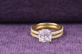 2 Ct Cushion Cut Moissanite Wedding Ring Set, 14k Gold Solitaire Bridal Ring Set - £171.36 GBP
