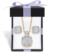 1/4 Carat Squared Halo Cluster Necklace Earrings Gp 18K Gold Sterling Silver - £157.31 GBP