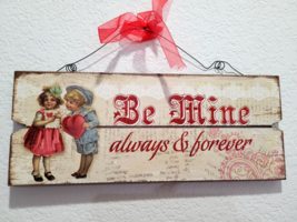 Vintage Style Valentines Day Small Children Hanging Wood Sign Wall Decor 13&quot; - £15.76 GBP
