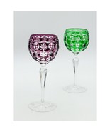 2 Ajka Moon &amp; Stars Cut to Clear Crystal Wine Glasses Emerald &amp; Amethyst... - $89.99