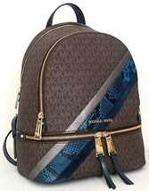 Michael Kors Rhea Zip Backpack Brown Logo Blue Stripe Travel School Bagnwt - £181.97 GBP