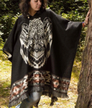 Llama Poncho with Hood | Soft Comfortable Wool | Navajo Design Owl | Handcrafted - £54.59 GBP