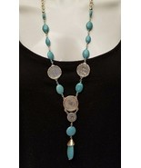 Chico&#39;s Isabella Coin Metal Faux Teardrop Turquoise 28” Lariat Necklace - $22.79 CAD