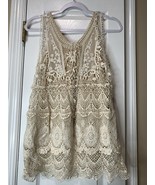Chenault Ivory Crochet Tank With Under Shirt Boho Hippie 100% Cotton Sz M - $36.85 CAD