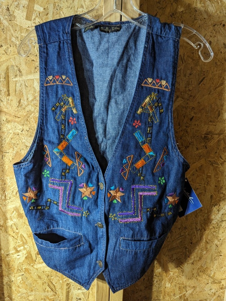 Jeetish Pretty Bleu embroidered large denim ladies vest - $31.68