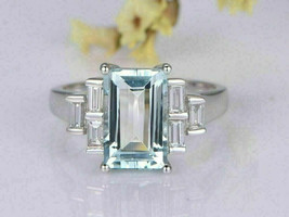 3Ct Emerald Cut CZ Aquamarine Engagement Wedding Ring 14K White Gold Plated - £94.89 GBP