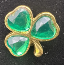 Vintage Green Clover Brooch Gold Tone Shamrock Heart Stone Costume Jewelry - $17.81