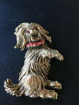 Vintage Large Antique Goldtone Begging Terrier Puppy Dog w Rhinestone Eyes &amp; Col - £13.34 GBP