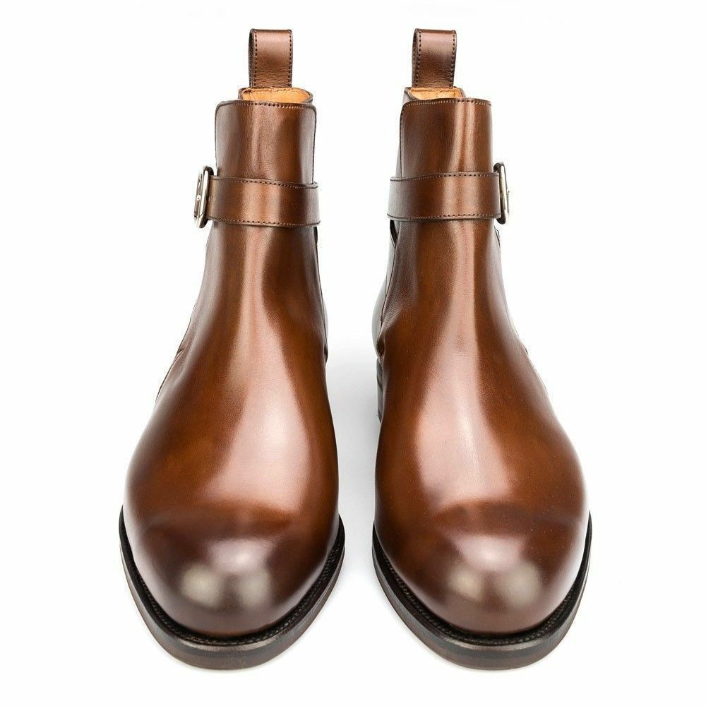 Shiny Brown Jodhpur High Ankle Rounded Buckle Strap Real Leather Boots US 7-16