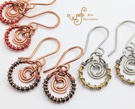 Handmade copper or stainless steel earrings: coiled hoops with spiral dangle - £16.59 GBP