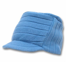 Sky Blue Visor Beanie Square Rib Knitted Flat Top Ski Castro Cadet GI Cap - $7.66