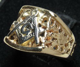 10k Yellow Gold Masonic Freemason Men&#39;s Ring Sz 9 Reticulated Mason&#39;s Band 9.6g - £379.23 GBP