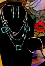 Teal/Silver Illusion Necklace with Handcrafted Dangle Earrings and Bracelet Set - £15.98 GBP