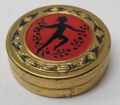 Greek Dancer Pill Box Tin Wreath Laurel Gold Color Metal Vtg - £11.61 GBP