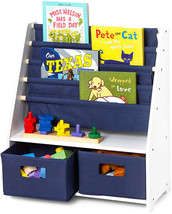 Kids Bookshelf Toy Storage Organizer Bins Box Book Rack Shelf Natural Wood Blue - £93.53 GBP