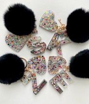 Lovely personalised KEYCHAIN. Epoxy resin handmade. Real fur pom pom - £7.11 GBP