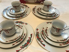 HUGE SET! Poinsettias &amp; Ribbons Porcelain Christmas Dinnerware K-mart Vintage - £112.09 GBP
