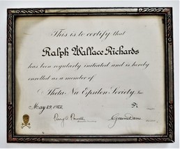 1922 Antique Certificate Initiation Theta Nu Epsilon Society Ralph W Richards - £71.41 GBP