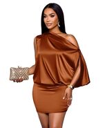 Trendy TRON Women's Short Bodycon Mini Dress, Elegant Asymmetric Collar, Satin,  - $41.33