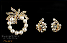 Eisenberg Ice Signed Faux Pearl and Rhinestone Pin and Earrings (#J1282) - £63.71 GBP