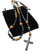 Croce rosario ematite 26 &quot;collana pendente ossidiana turchese occhio di... - £32.85 GBP
