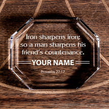 Proverbs 27:17 Iron Sharpens Iron Octagonal Crystal Paperweight Personalized Chr - £42.01 GBP