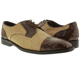 Mens Sand Brown Crocodile Ostrich Dress Shoes Real Exotic Skin Leather Oxfords - £152.34 GBP