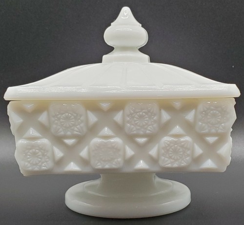 Westmoreland Old Quilt Square Milk Glass Covered Candy Dish - $24.00