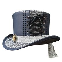 Steampunk Ladies Black Crusty Band Navy Blue Leather Top Hat - $325.00