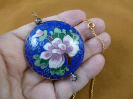 J518-5 Blue pink flower 42mm round flat CLOISONNE disk 3D pendant 24&quot; necklace - $28.97