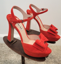 MIU MIU Red Suede Platform Ankle Strap Sandals with Bow - Size 38.5 - $399.99