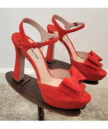 MIU MIU Red Suede Platform Ankle Strap Sandals with Bow - Size 38.5 - £313.88 GBP