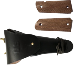 WW2 US Army .45 Hip Colt Black Leather Holster with Walnut Wood Colt Gri... - $39.54